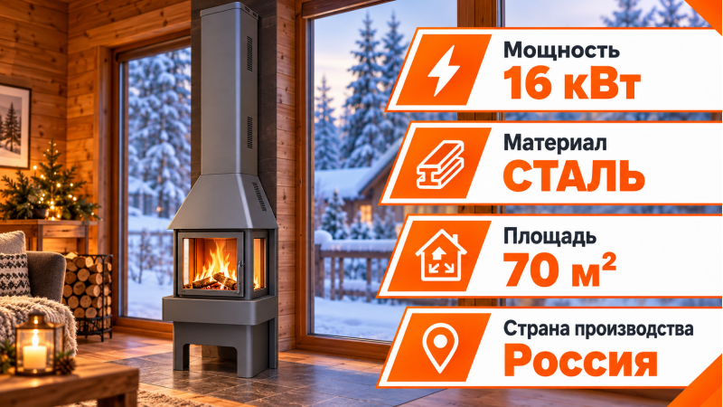 Стальной камин Бавария 3 стекла (серая) — до