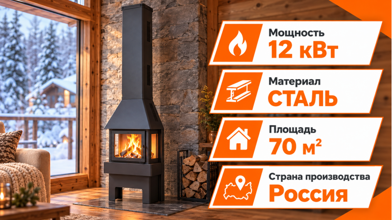 Стальной камин Бавария 3 стекла (черная) — до