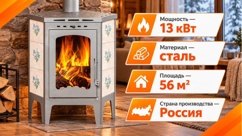 Стальной камин Бавария угловая с плитой Незабудка — до