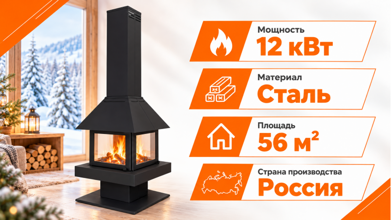 Стальной камин ЭКОКАМИН ЭКЛИПС ОСТРОВНОЙ 4D графит — до