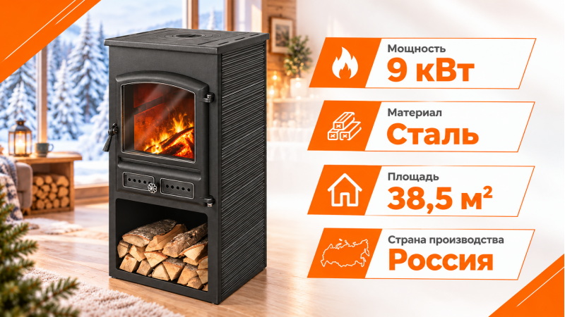Стальной камин ЭТНА (БКД) с плитой антрацит — до