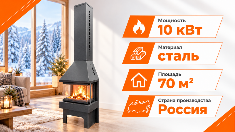 Стальной камин Панорама 3 стекла (графит) — до