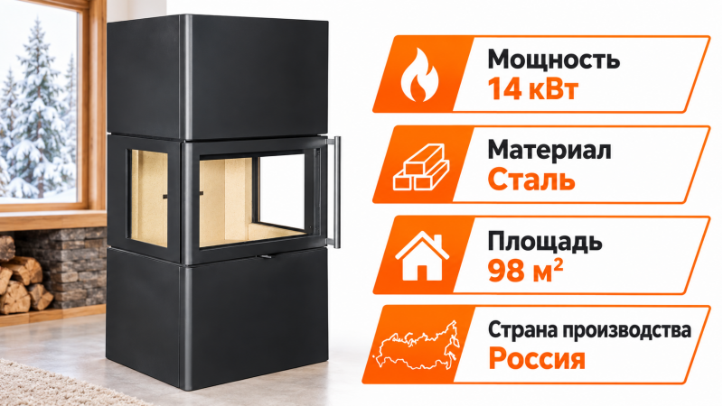 Печь-камин Экокамин КРИТ 3 стекла (черный) — до