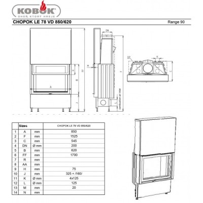 Каминная топка KOBOK Chopok LE 78 VD 850/630 с подъемом вермикулит кирпичики