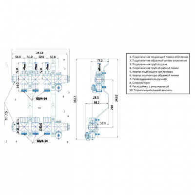 Гребенка TECline MD0903 (3 контура) с расходомерами и накидной гайкой